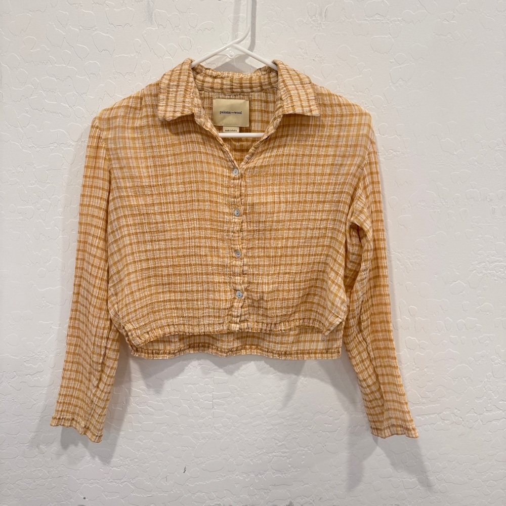 Paloma Wool Plaid Blouse Womens Tan Cream Textured Button Front Cotton Cropped - Picture 1 of 8